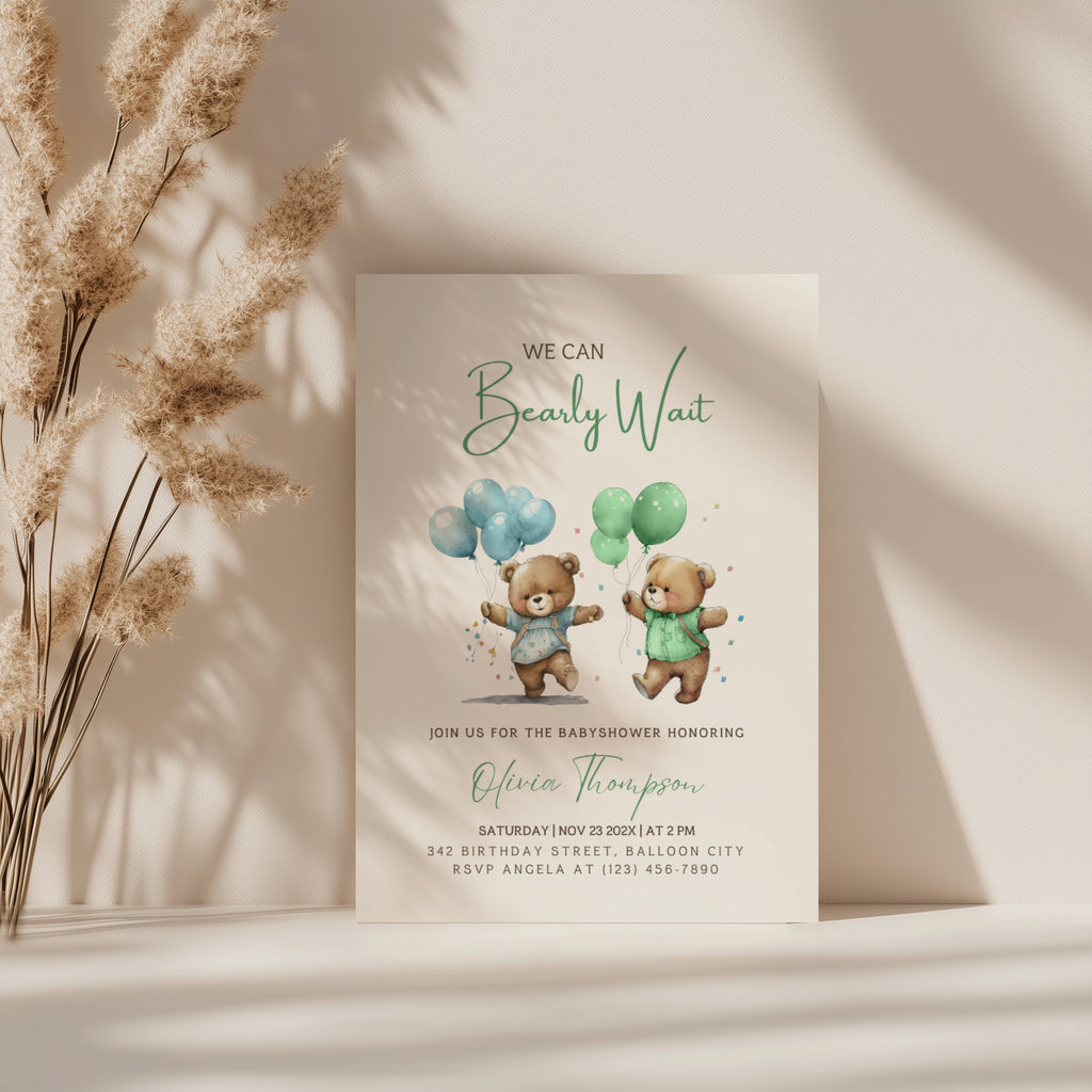 teddy bear twins baby shower invitation with balloons in soft blue and green tones