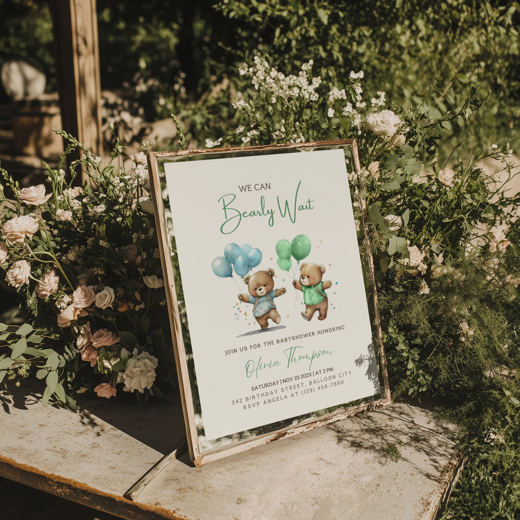 teddy bear twins baby shower invitation with balloons in soft blue and green tones