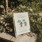 teddy bear twins baby shower invitation with balloons in soft blue and green tones