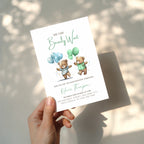 teddy bear twins baby shower invitation with balloons in soft blue and green tones