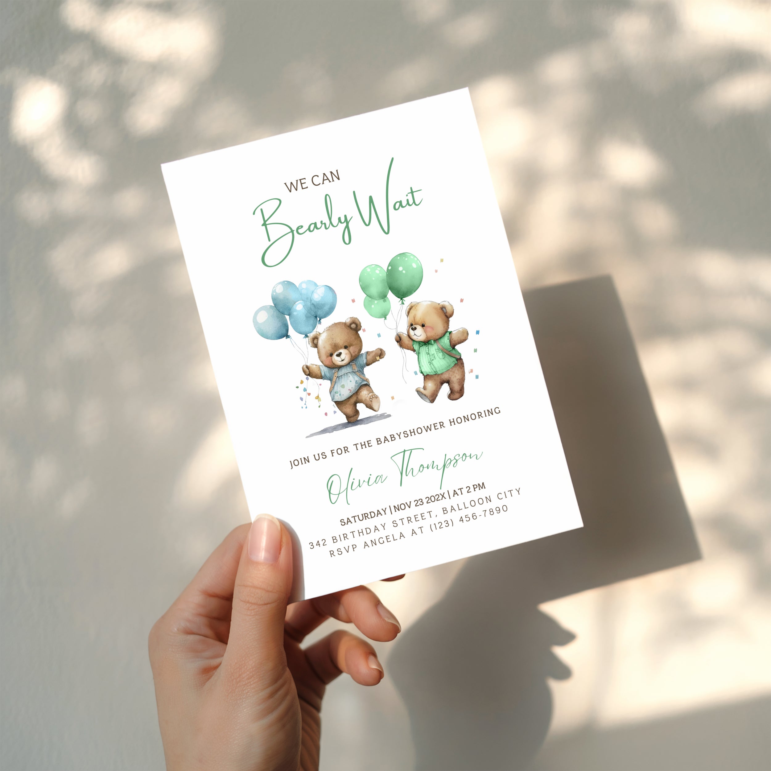 teddy bear twins baby shower invitation with balloons in soft blue and green tones