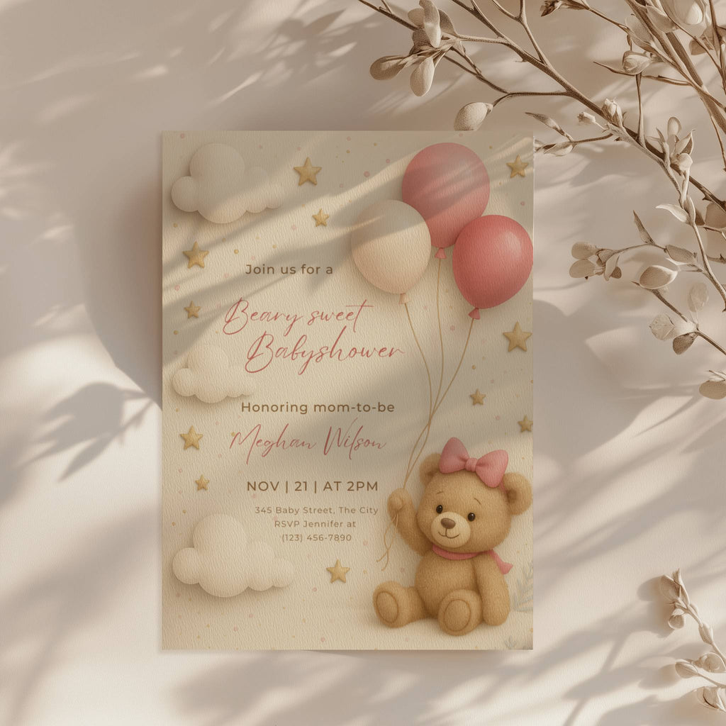 teddy bear baby shower invitation with pink balloons clouds and stars in soft neutral tones