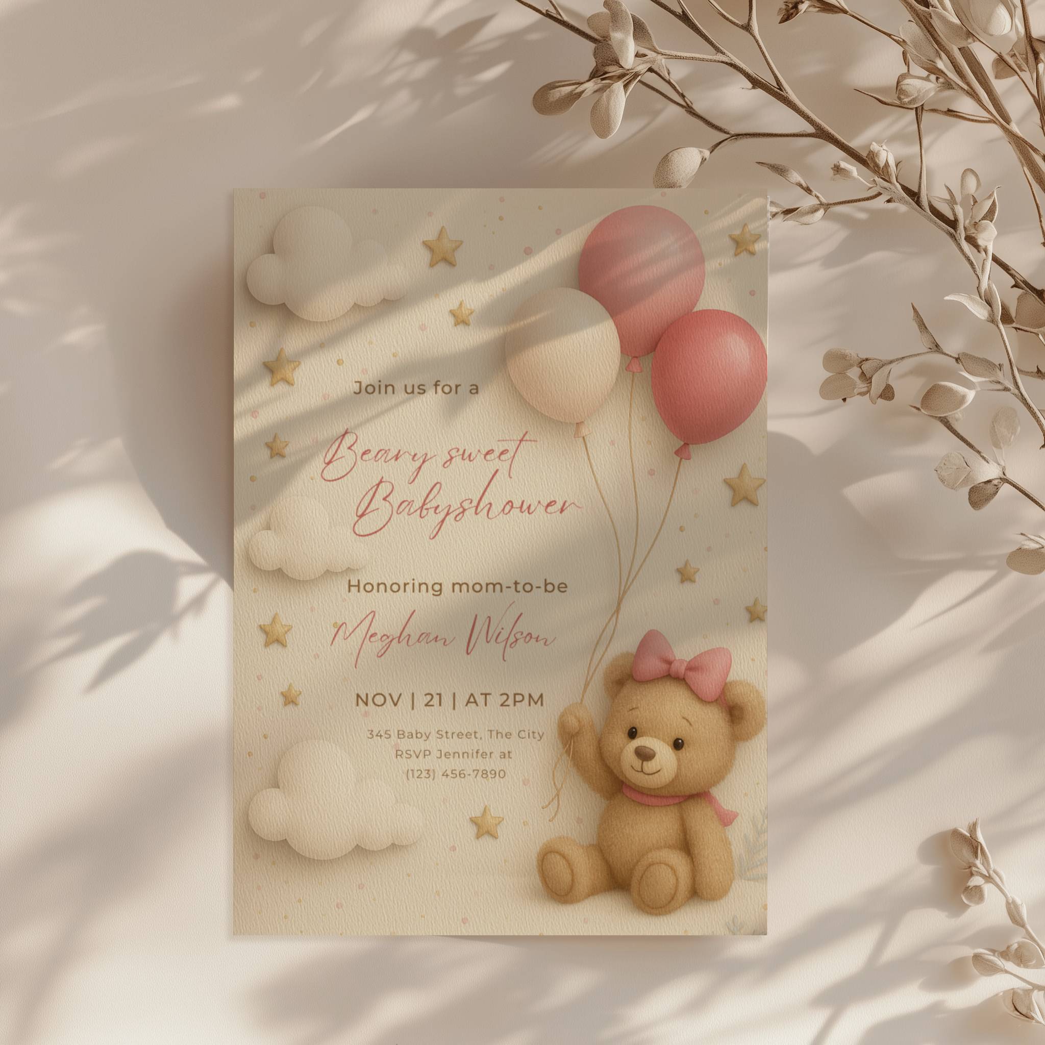teddy bear baby shower invitation with pink balloons clouds and stars in soft neutral tones