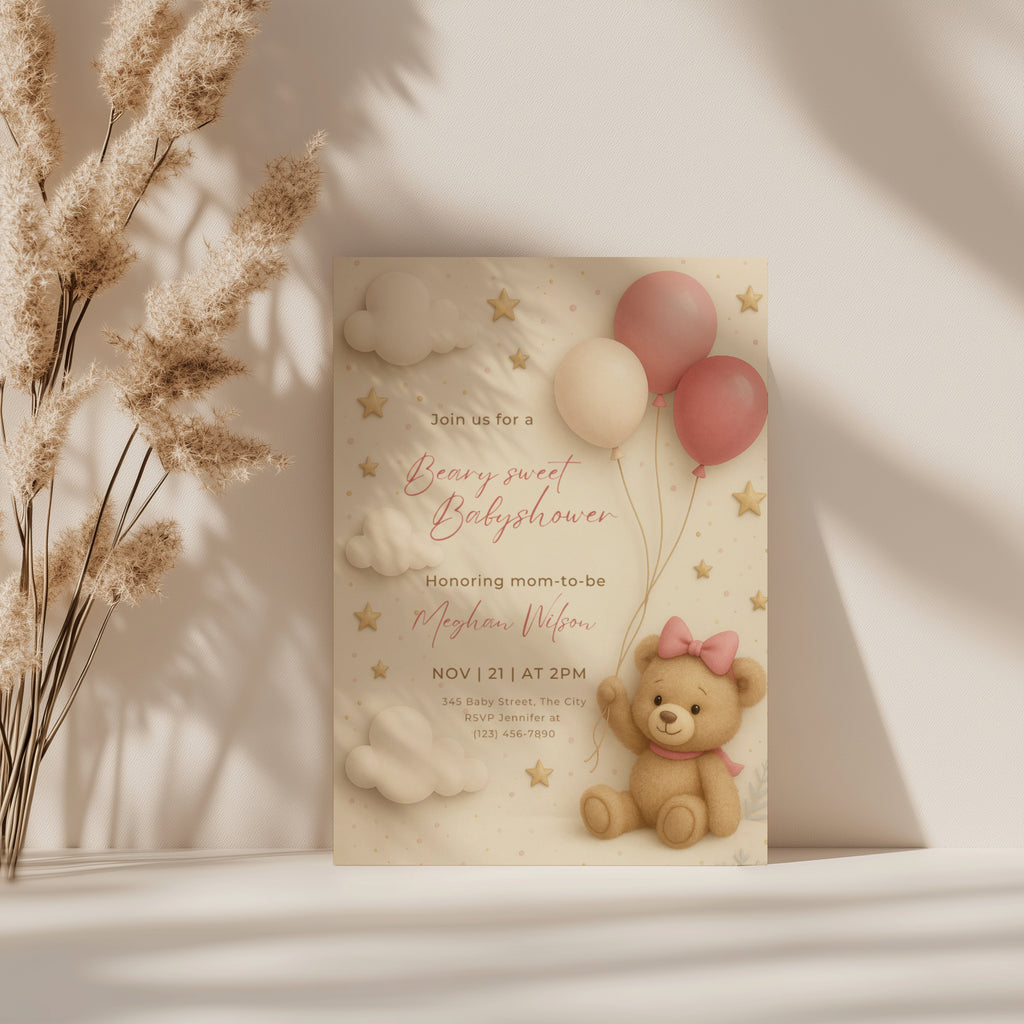 teddy bear baby shower invitation with pink balloons clouds and stars in soft neutral tones