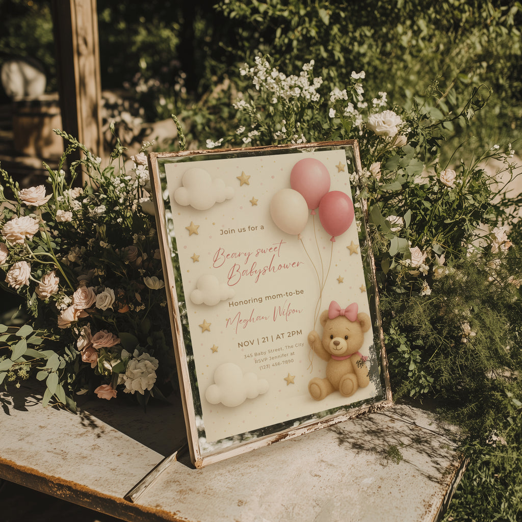 teddy bear baby shower invitation with pink balloons clouds and stars in soft neutral tones