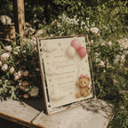 teddy bear baby shower invitation with pink balloons clouds and stars in soft neutral tones