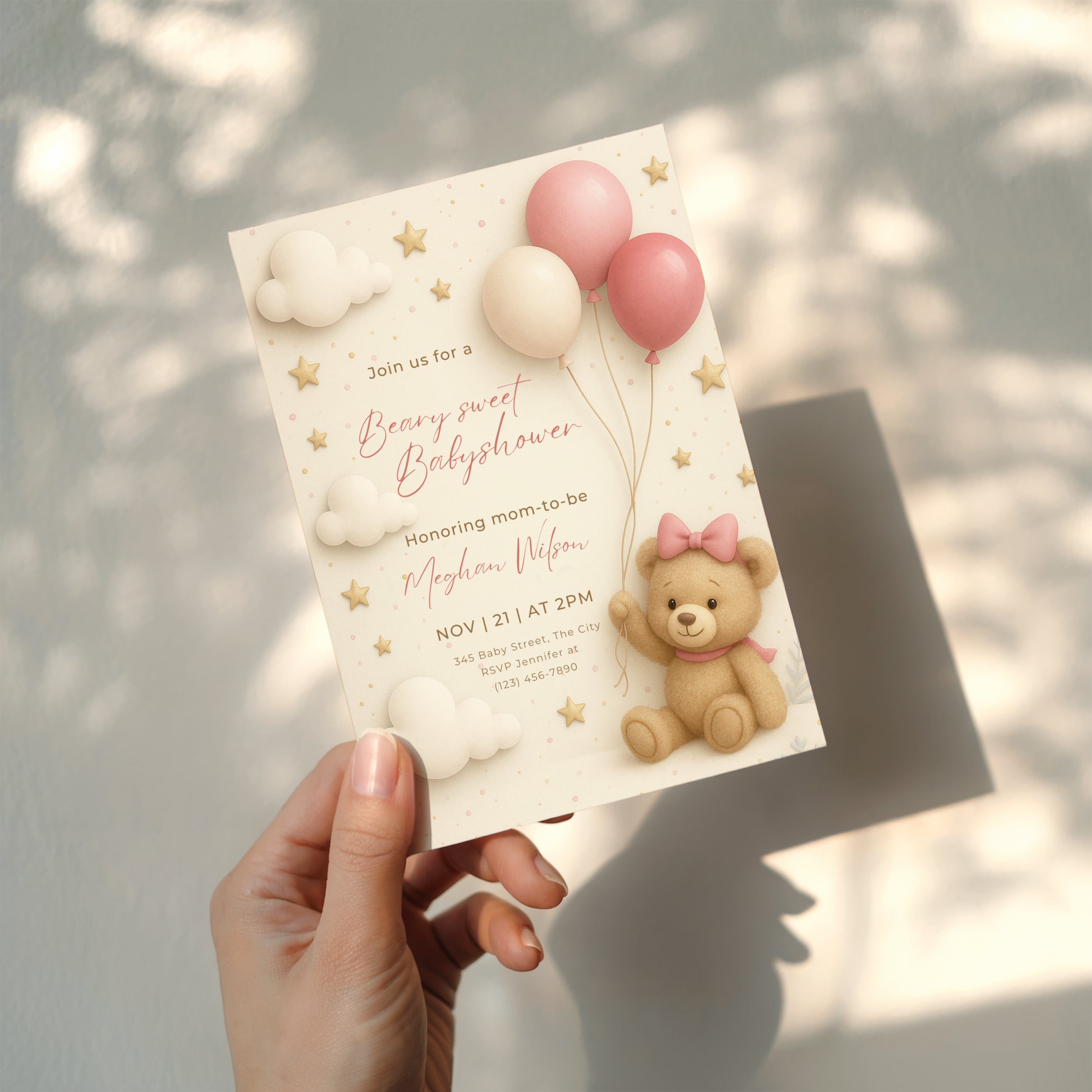 teddy bear baby shower invitation with pink balloons clouds and stars in soft neutral tones