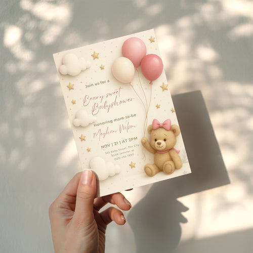 teddy bear baby shower invitation with pink balloons clouds and stars in soft neutral tones