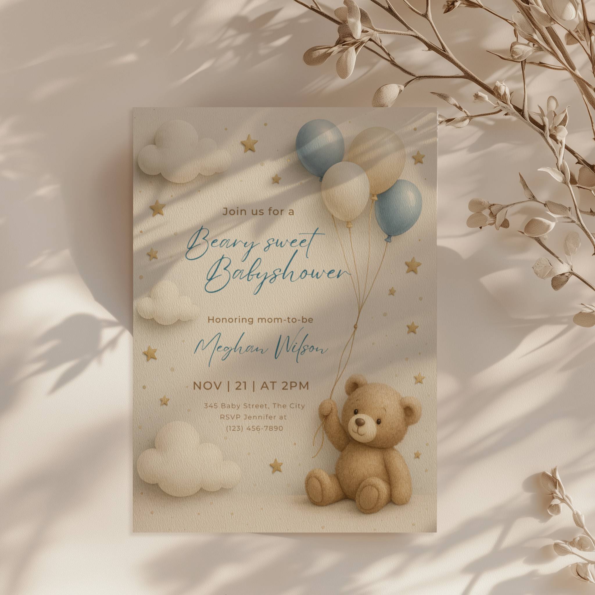 teddy bear baby shower invitation with blue balloons clouds and stars in soft neutral tones