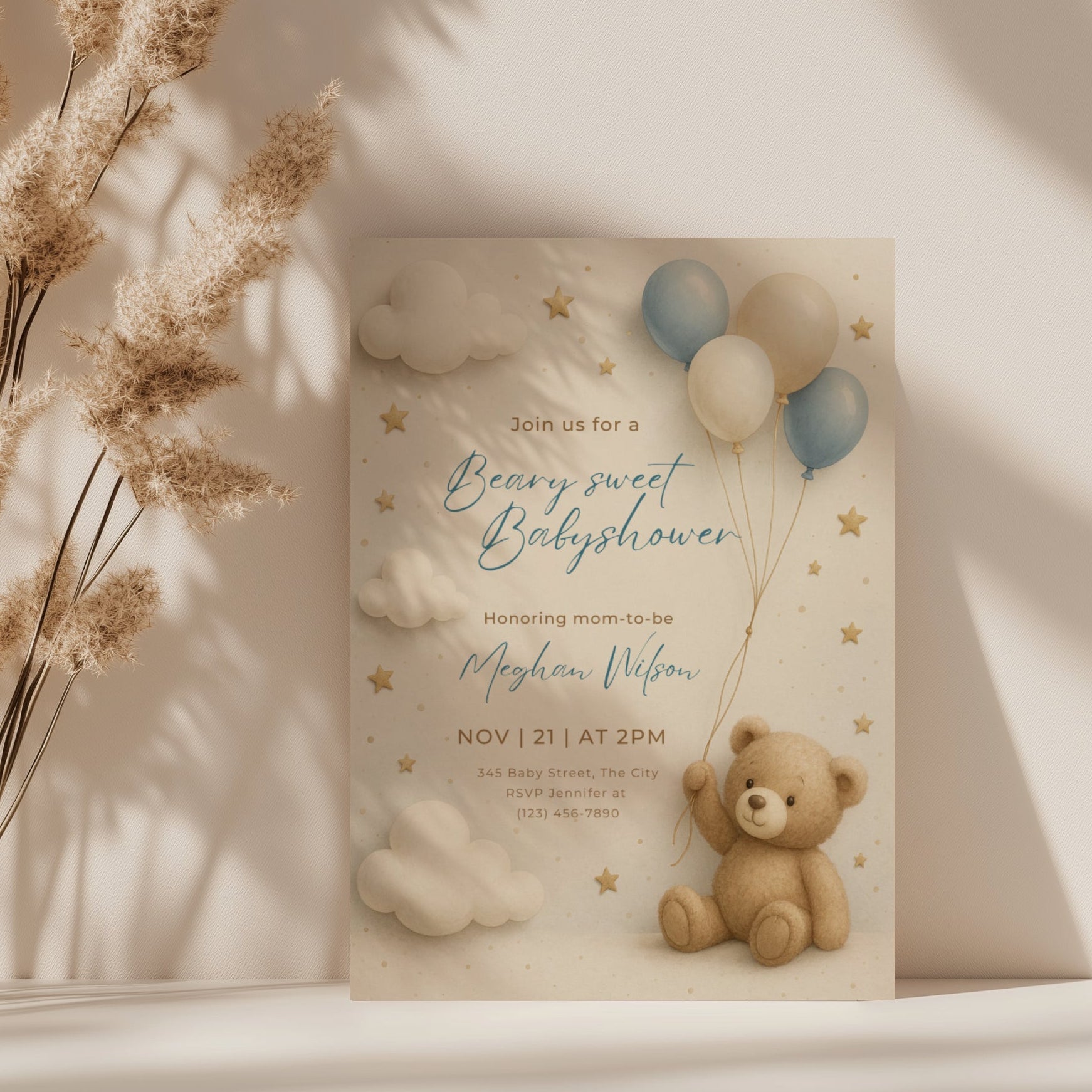 teddy bear baby shower invitation with blue balloons clouds and stars in soft neutral tones