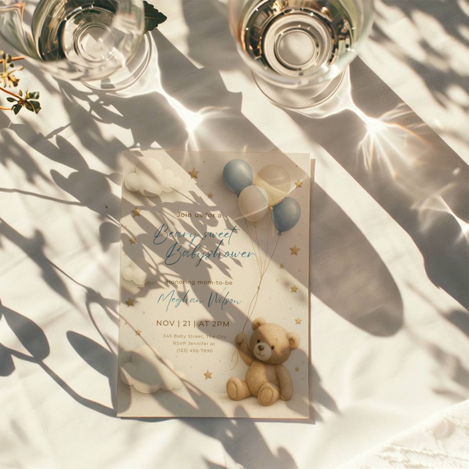 teddy bear baby shower invitation with blue balloons clouds and stars in soft neutral tones