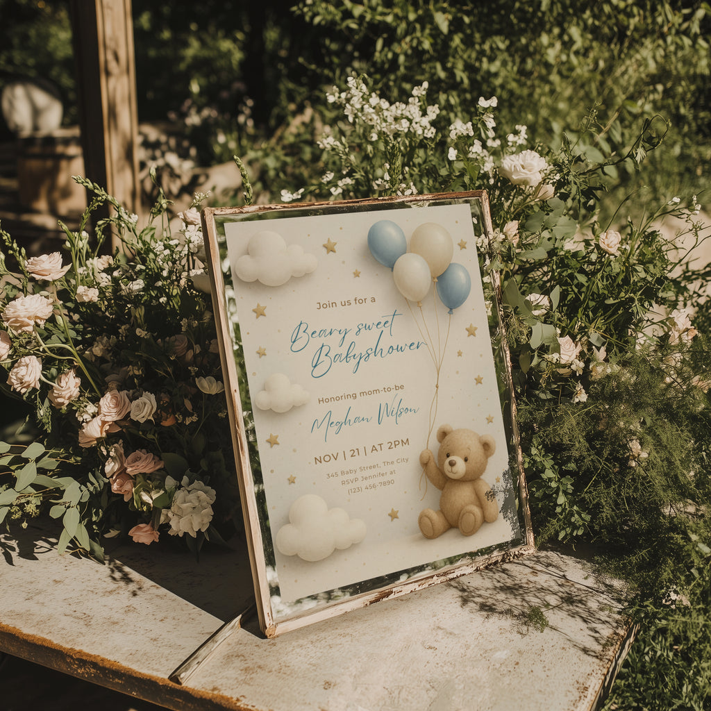 teddy bear baby shower invitation with blue balloons clouds and stars in soft neutral tones