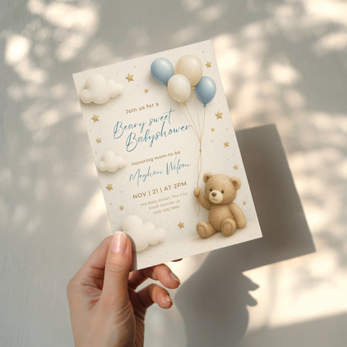 teddy bear baby shower invitation with blue balloons clouds and stars in soft neutral tones