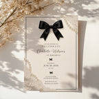 Elegant black bow birthday invitation with ivory background, pearl details and delicate vintage inspired lace accents.