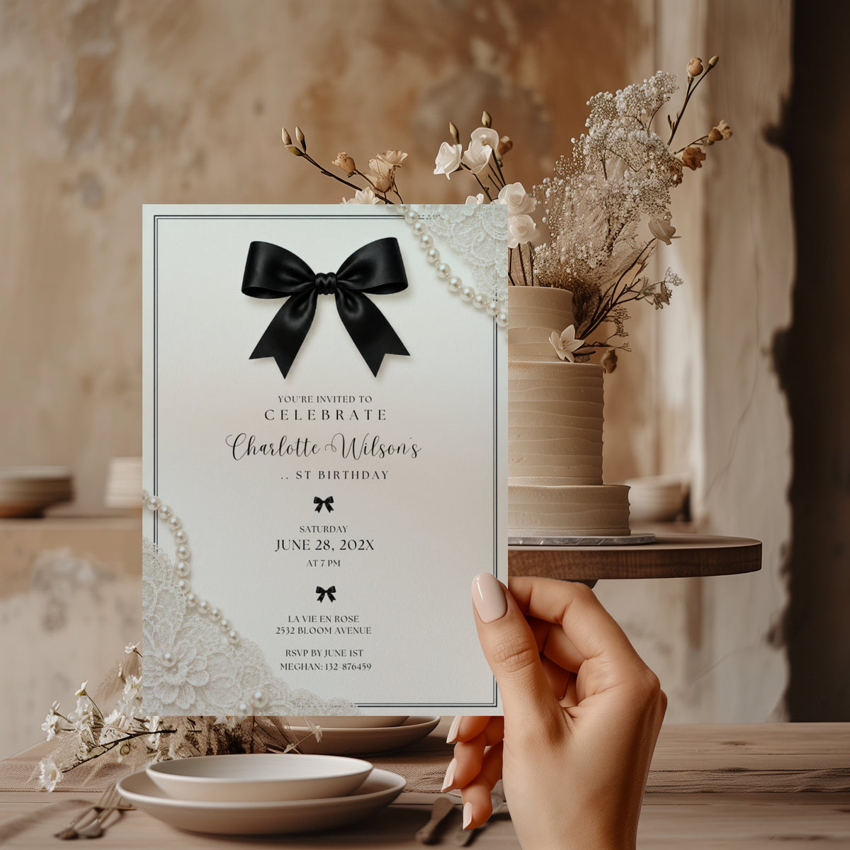 Elegant black bow birthday invitation with ivory background, pearl details and delicate vintage inspired lace accents.