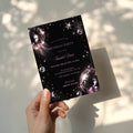 Black and pink disco birthday invitation with shimmering disco balls, sparkling stars and glamorous dark party details.