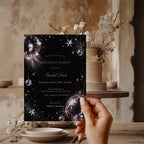 Black and pink disco birthday invitation with shimmering disco balls, sparkling stars and glamorous dark party details.