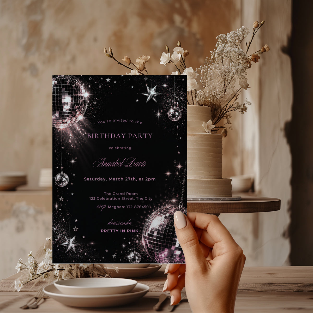 Black and pink disco birthday invitation with shimmering disco balls, sparkling stars and glamorous dark party details.