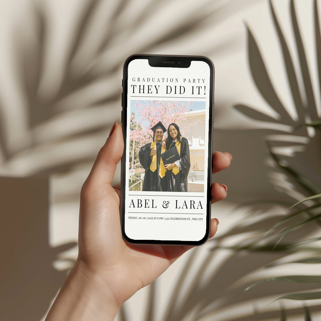 twin graduation party invitation in newspaper style with photo and modern typography