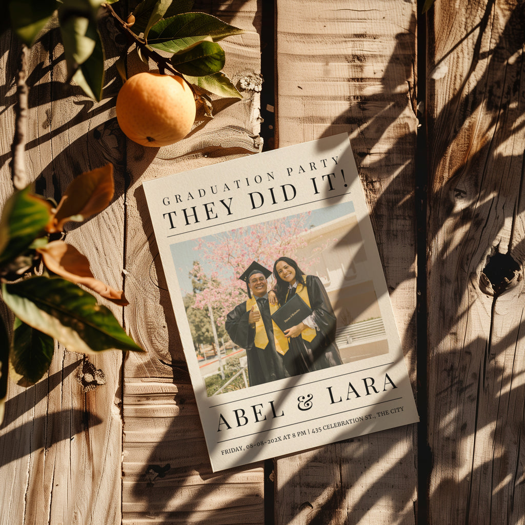 twin graduation party invitation in newspaper style with photo and modern typography