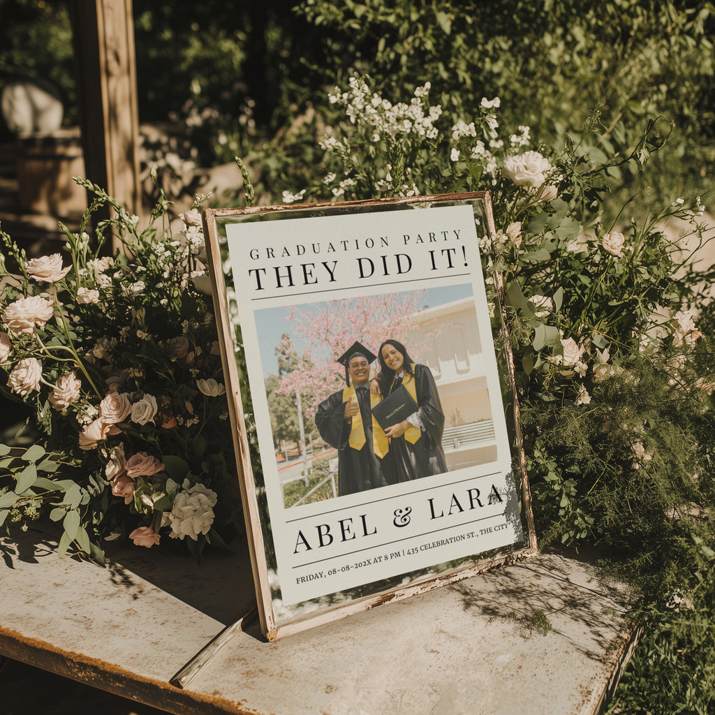 twin graduation party invitation in newspaper style with photo and modern typography
