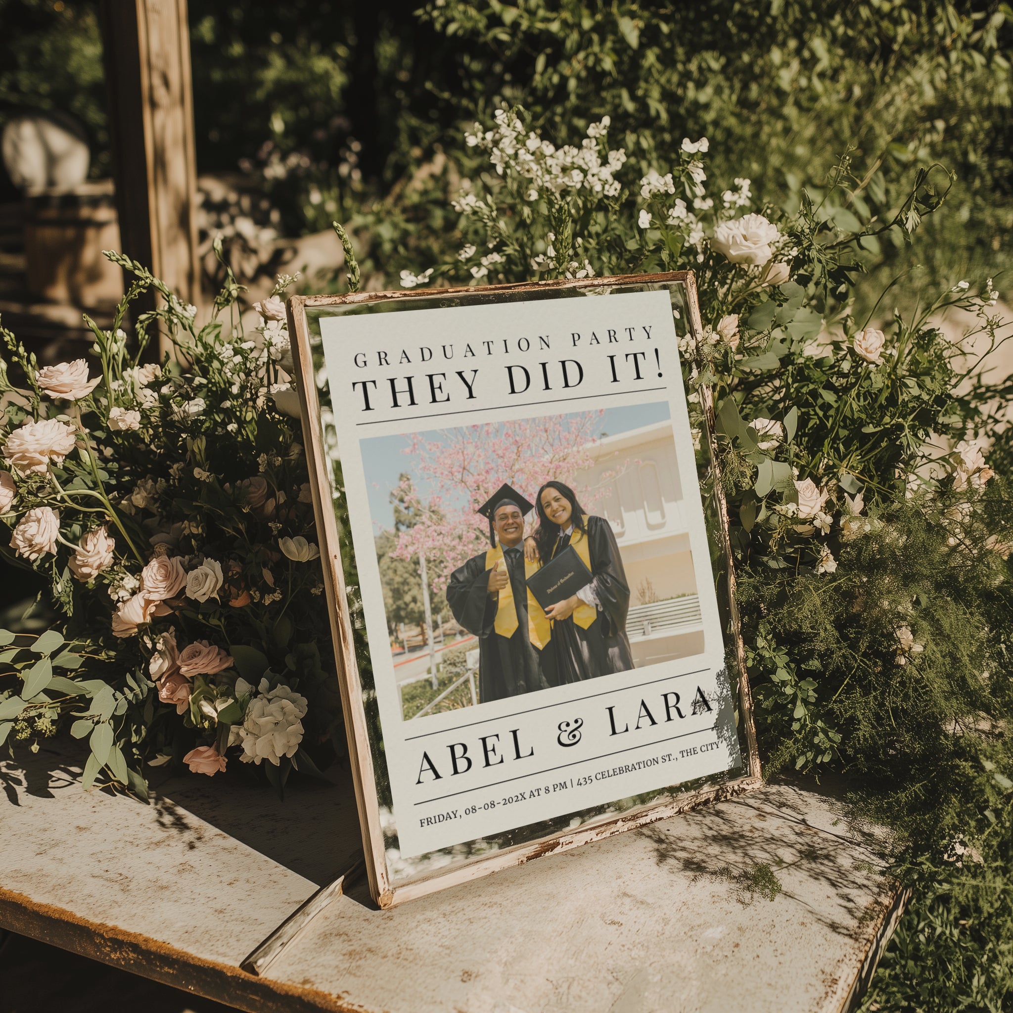 twin graduation party invitation in newspaper style with photo and modern typography