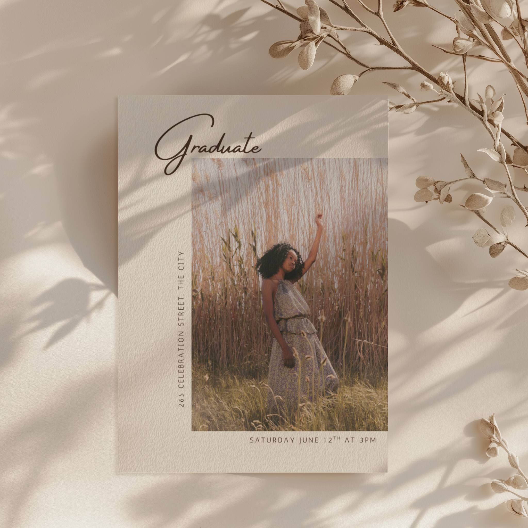 modern graduation invitation with photo and minimal neutral editorial design