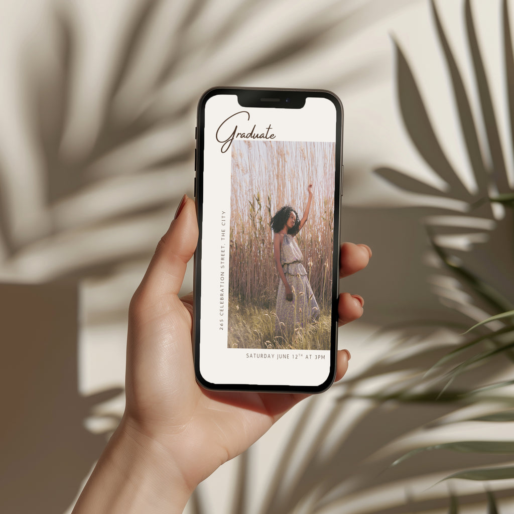 modern graduation invitation with photo and minimal neutral editorial design