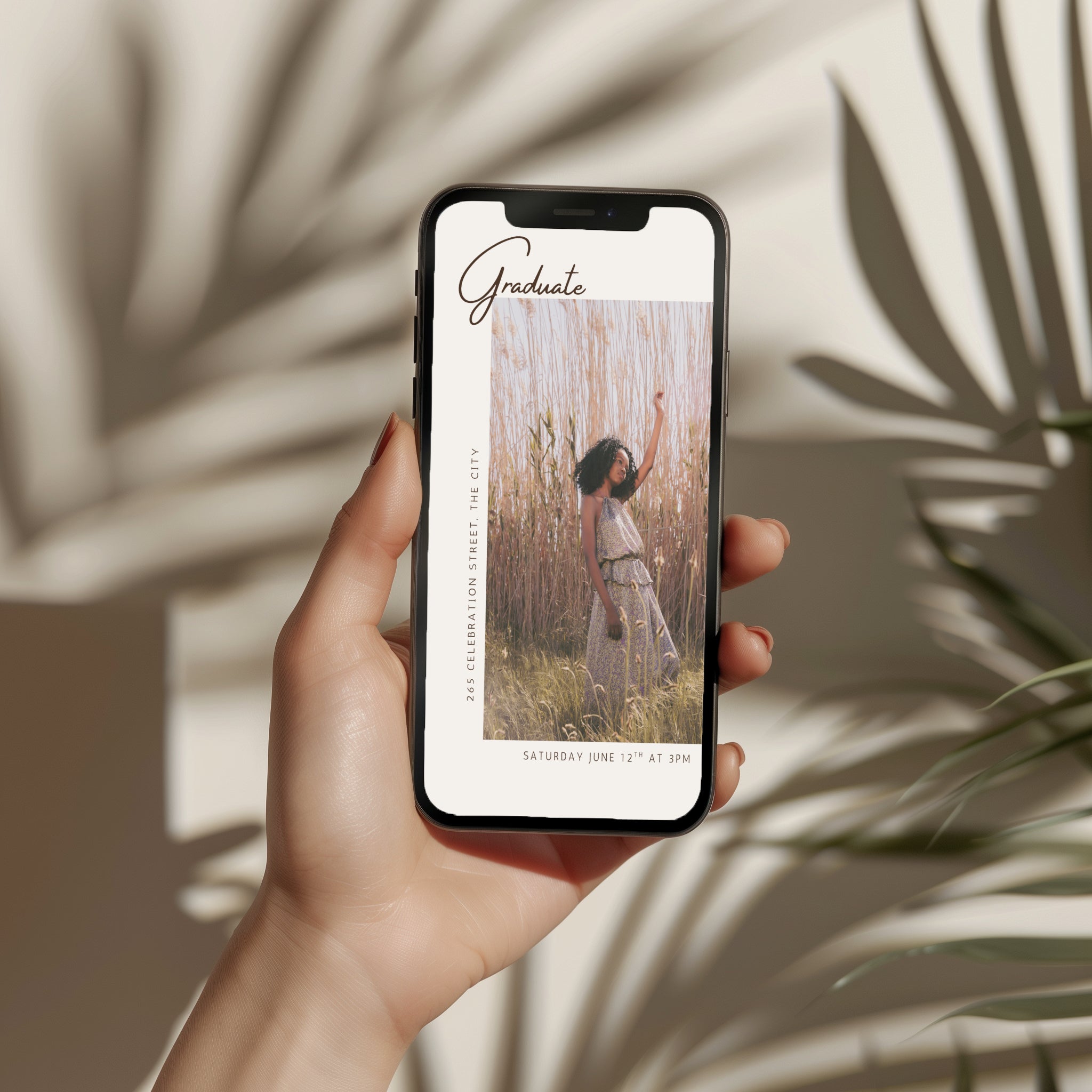 modern graduation invitation with photo and minimal neutral editorial design