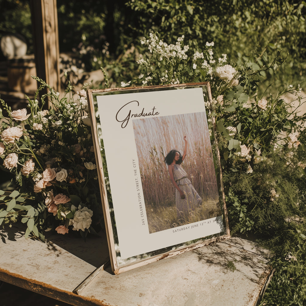 modern graduation invitation with photo and minimal neutral editorial design