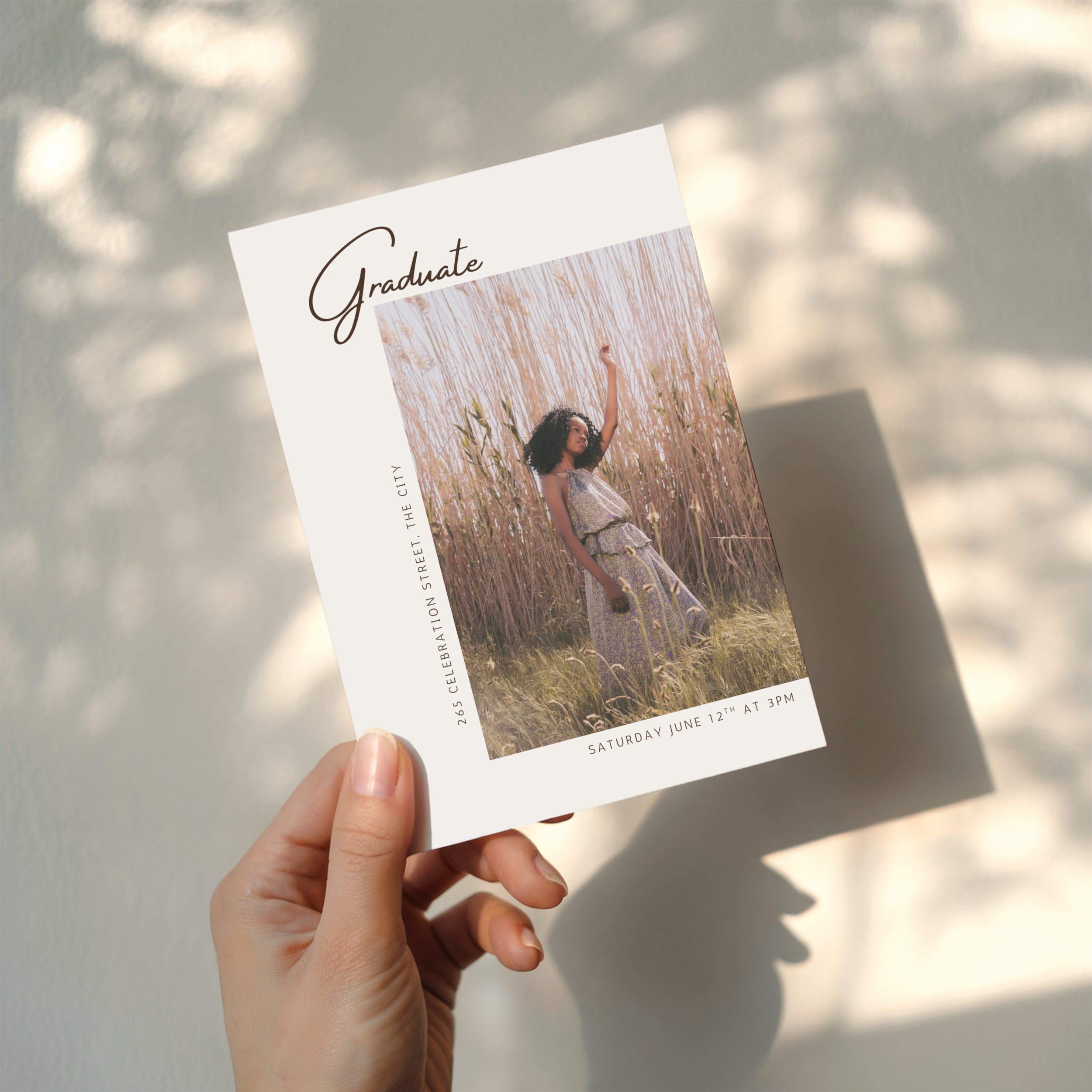 modern graduation invitation with photo and minimal neutral editorial design