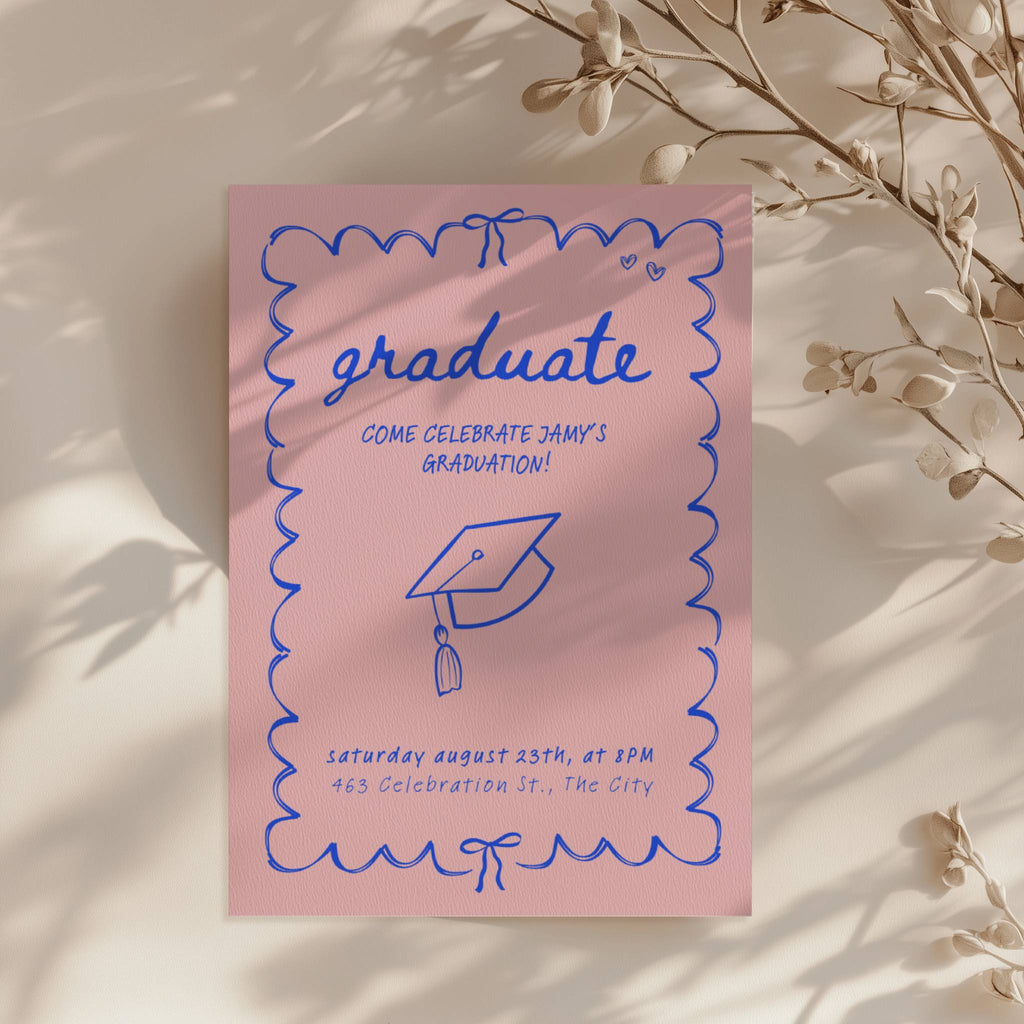 cute pink graduation invitation with blue hand drawn doodle border and playful typography