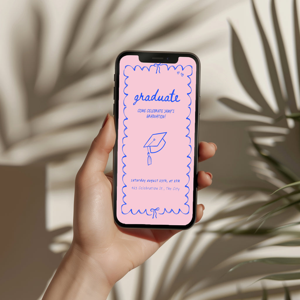 cute pink graduation invitation with blue hand drawn doodle border and playful typography