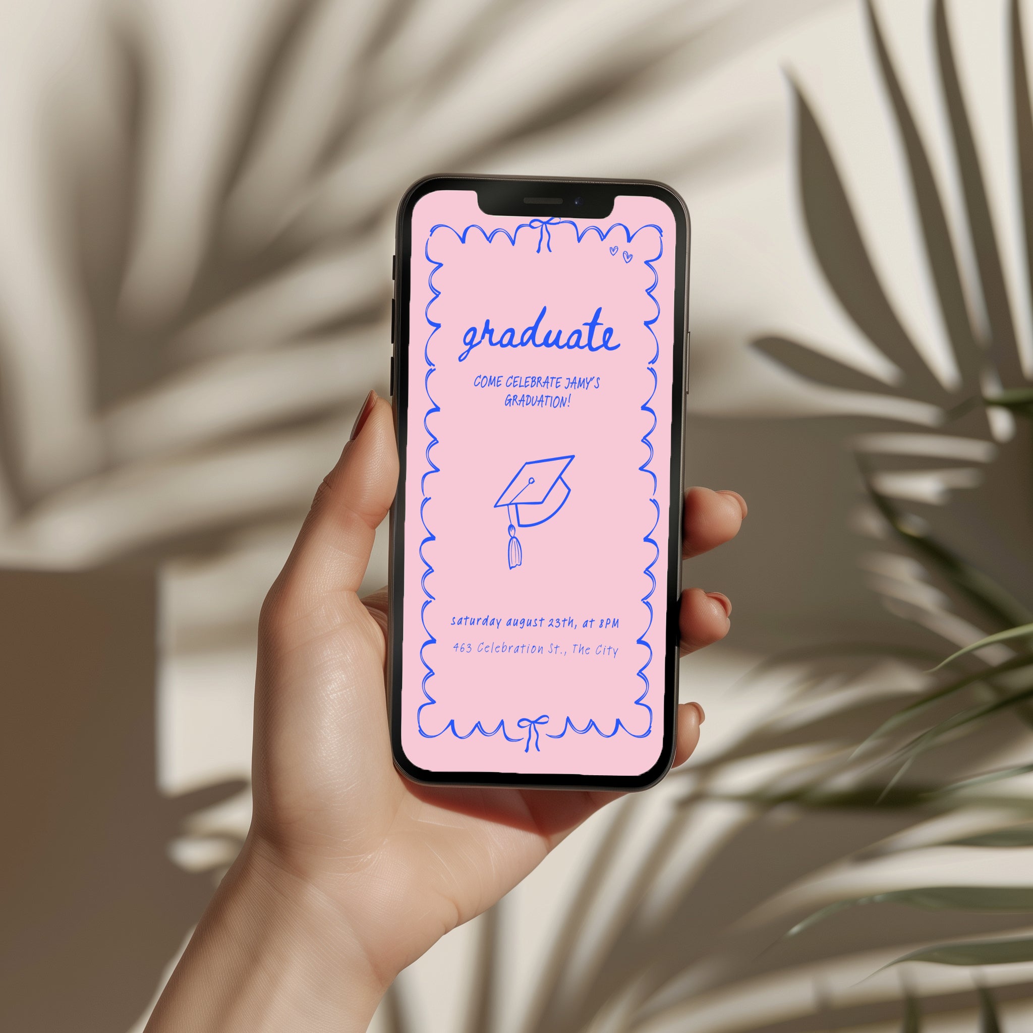 cute pink graduation invitation with blue hand drawn doodle border and playful typography