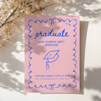 cute pink graduation invitation with blue hand drawn doodle border and playful typography