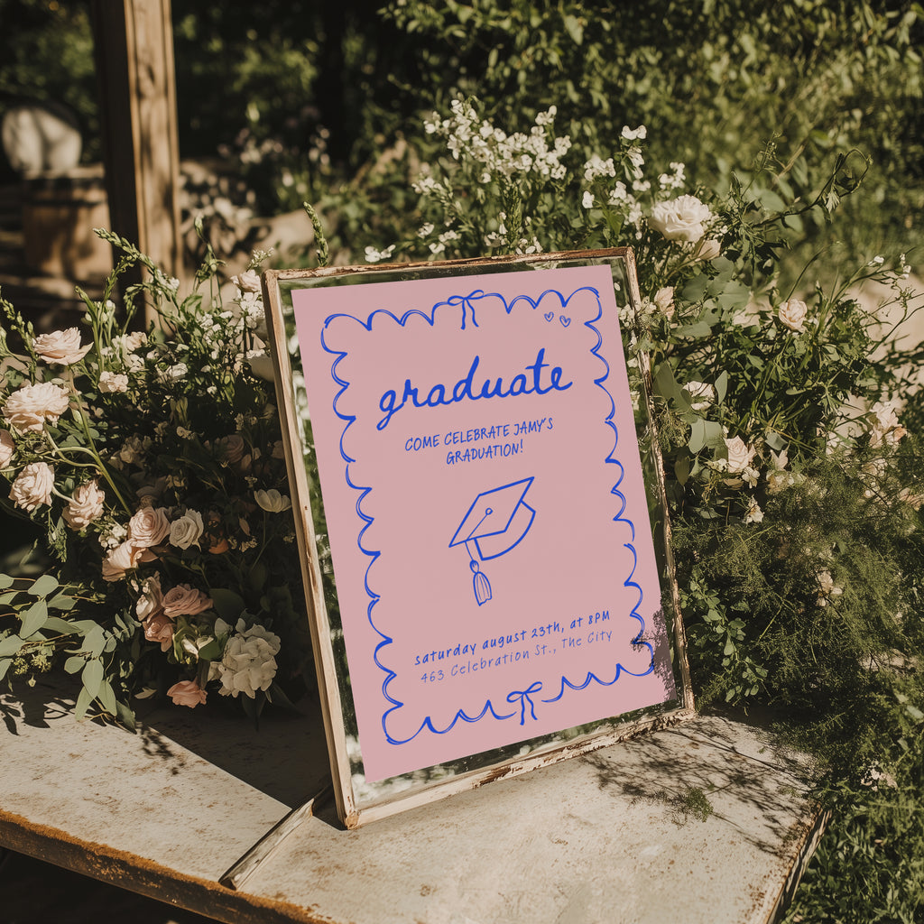 cute pink graduation invitation with blue hand drawn doodle border and playful typography