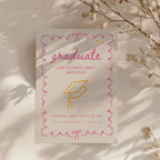 hot pink and orange doodle graduation invitation with hand drawn border and playful typography