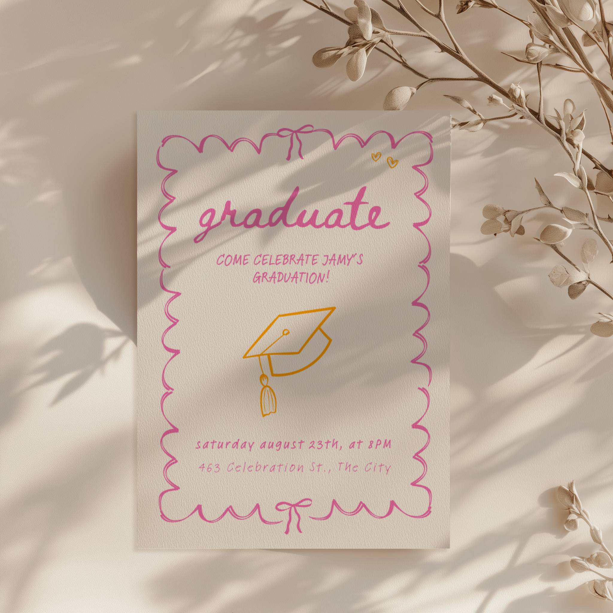 hot pink and orange doodle graduation invitation with hand drawn border and playful typography
