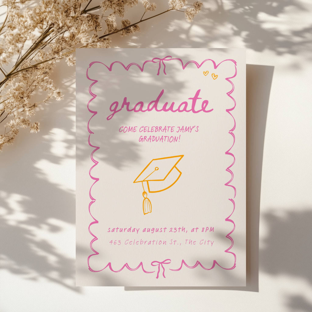 hot pink and orange doodle graduation invitation with hand drawn border and playful typography