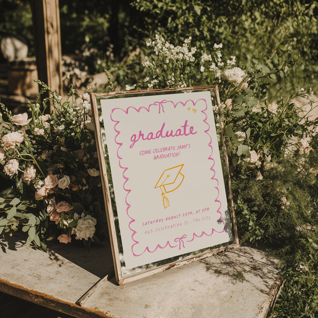 hot pink and orange doodle graduation invitation with hand drawn border and playful typography