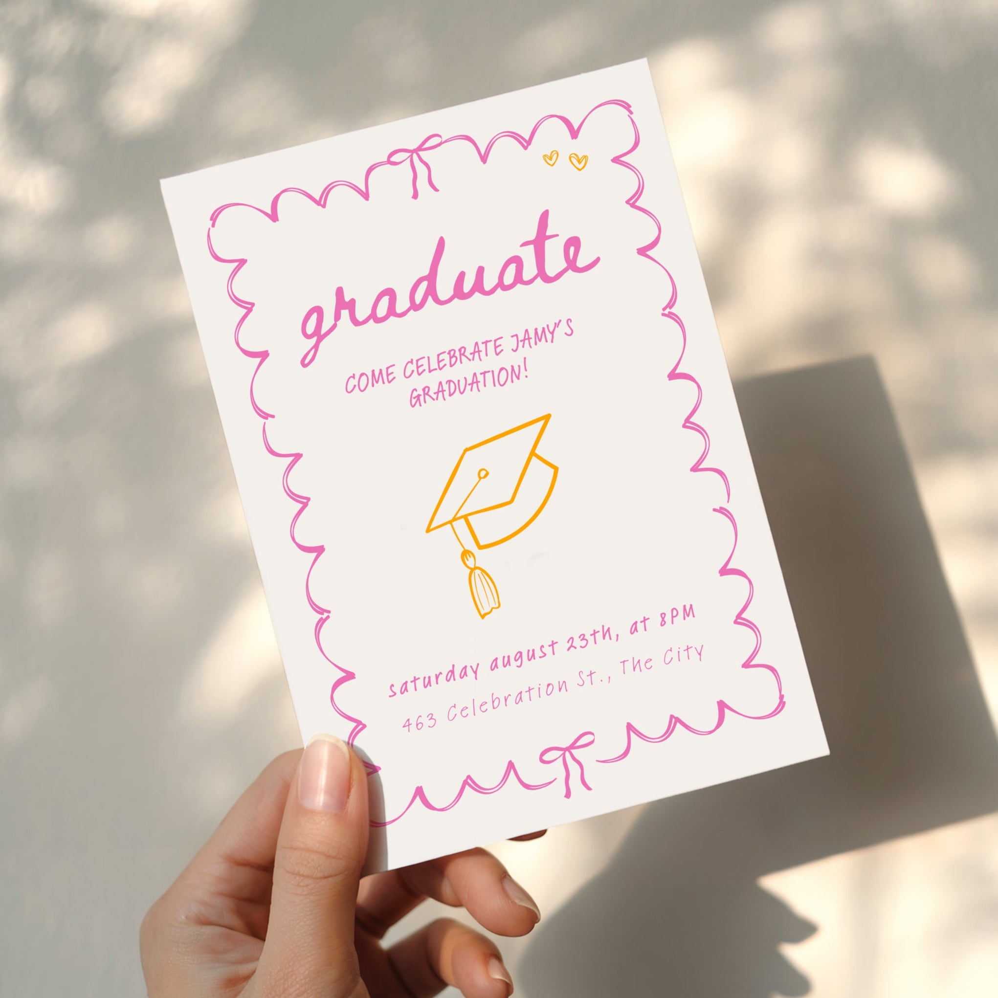hot pink and orange doodle graduation invitation with hand drawn border and playful typography