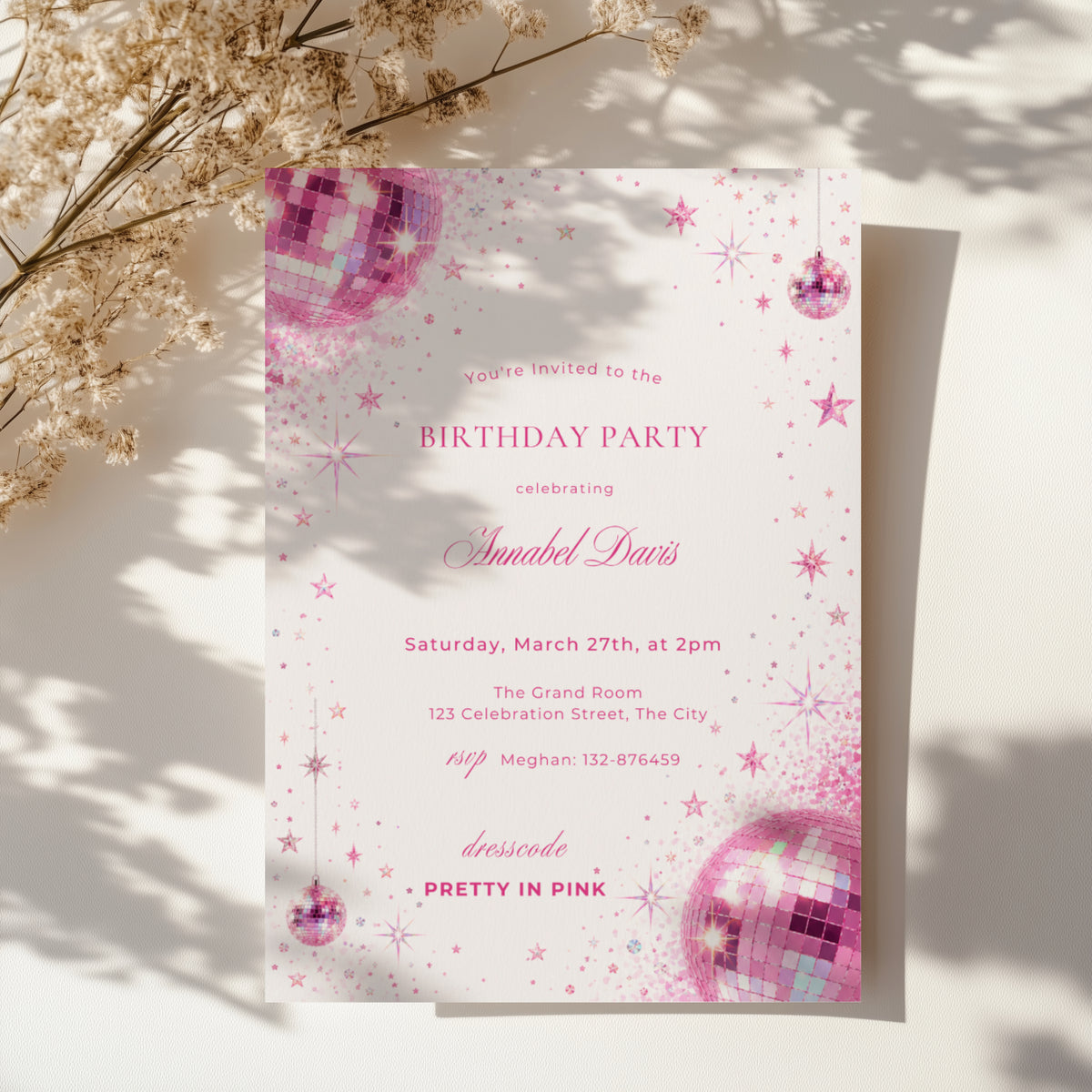 Pink disco birthday invitation with sparkling pink disco balls, glitter details, stars and Pretty in Pink dress code for a glamorous birthday party.