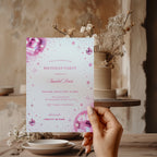 Pink disco birthday invitation with sparkling pink disco balls, glitter details, stars and Pretty in Pink dress code for a glamorous birthday party.