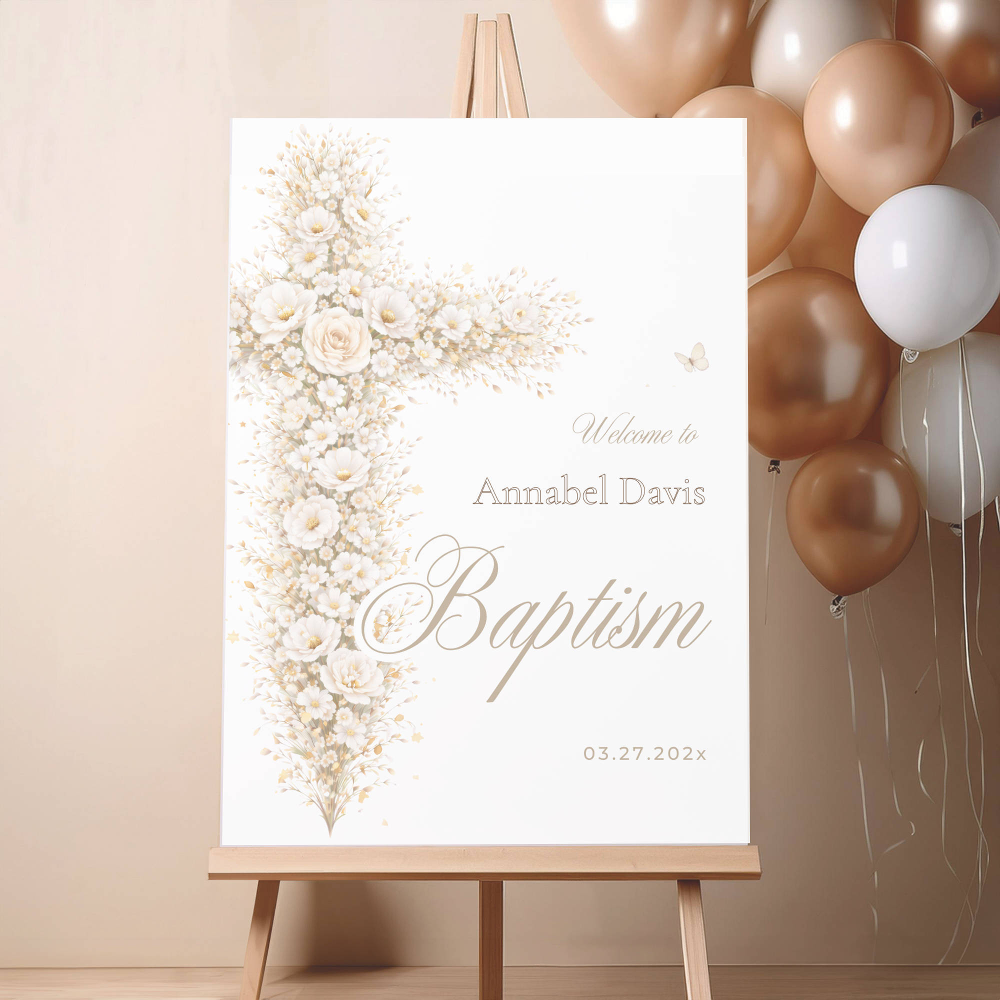Vintage floral baptism welcome sign with neutral gold floral cross and elegant beige baptism theme