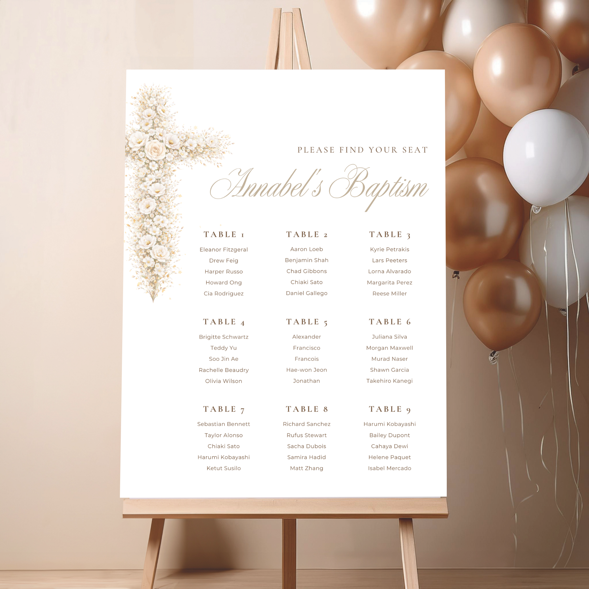 Vintage floral baptism seating chart with neutral gold floral cross and elegant beige christening seating plan design