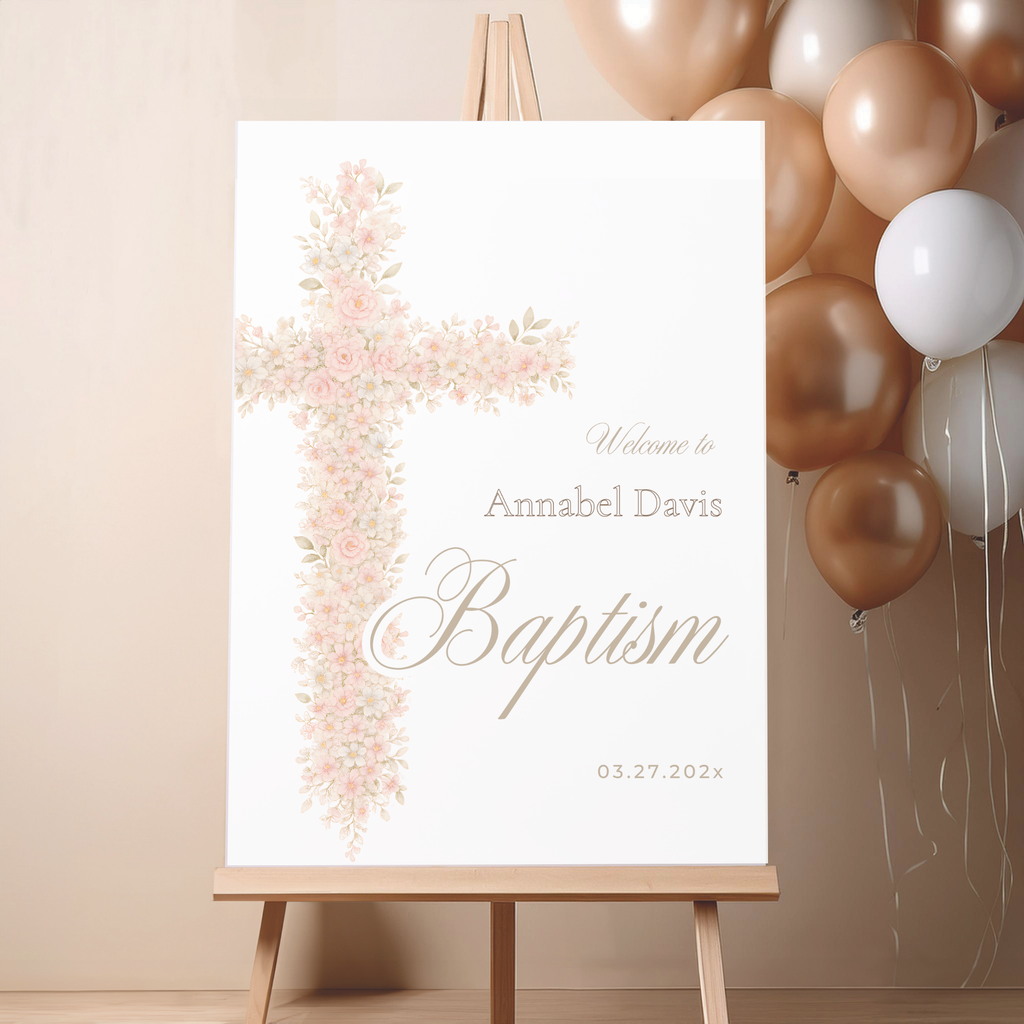 Soft pink floral baptism welcome sign with blush floral cross and elegant neutral religious design