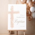 Soft pink floral baptism welcome sign with blush floral cross and elegant neutral religious design