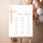 Soft pink floral baptism seating chart with elegant blush floral cross and editable table seating layout