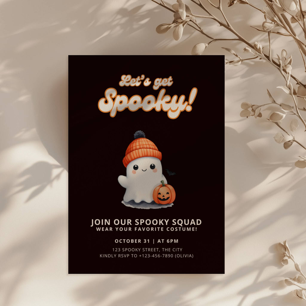 cute spooky halloween party invitation with ghost in beanie and pumpkin illustration