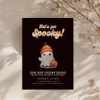 cute spooky halloween party invitation with ghost in beanie and pumpkin illustration